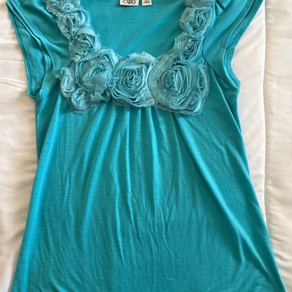 Cato Turquoise Floral Applique Top